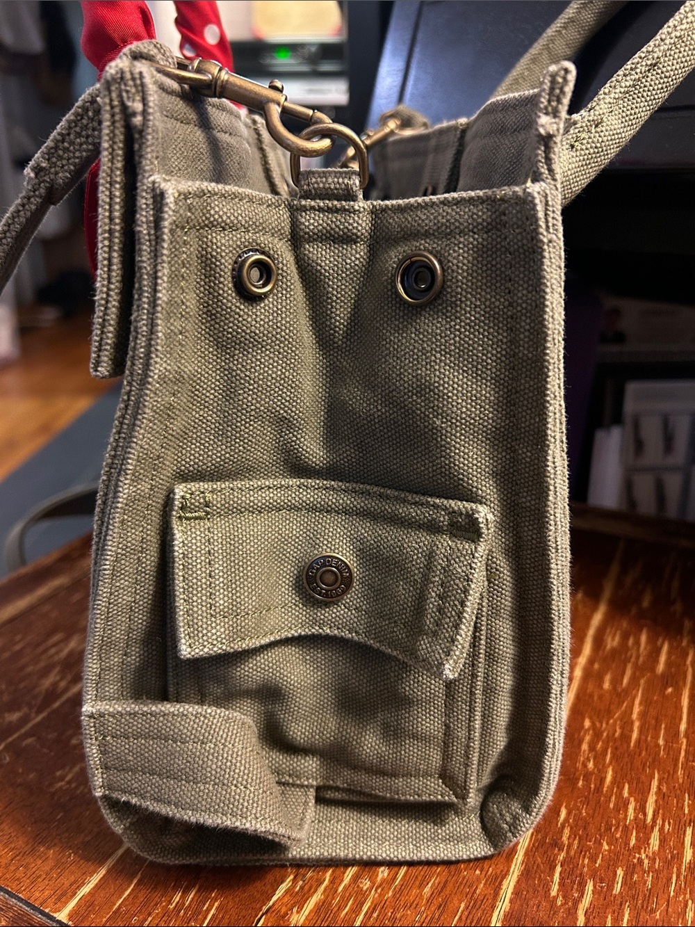 Gap Bag Small Olive Canvas Tote with Red Scarf-Wrapped Handles - Picture 8 of 10